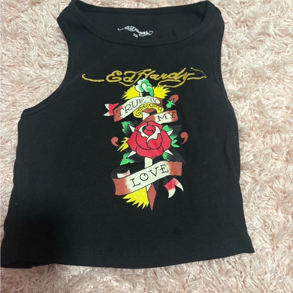 Ed Hardy Black Tank with Vibrant Rose Design